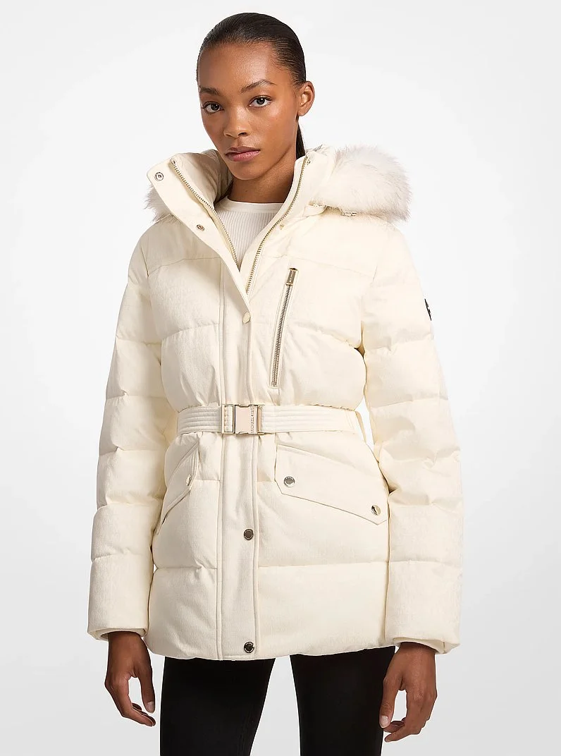 Faux Fur Trim Belted Puffer Jacket - 1