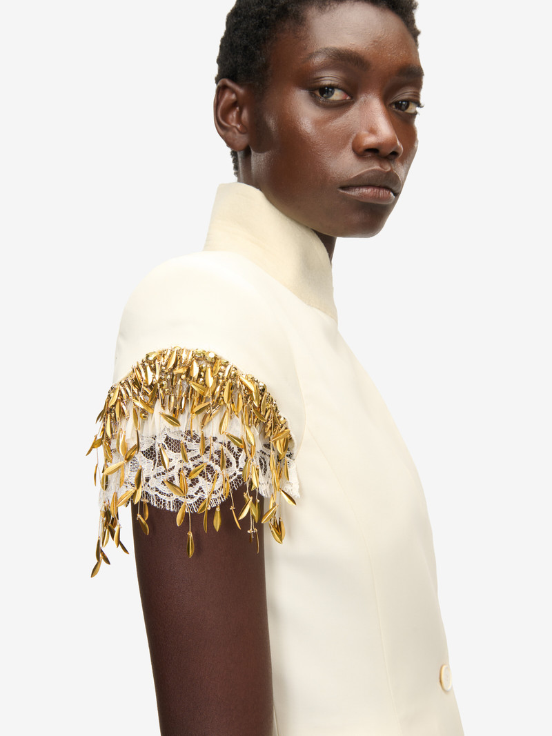 Gold Leaves and Crystal Embroidery Short-Sleeved Jacket 5
