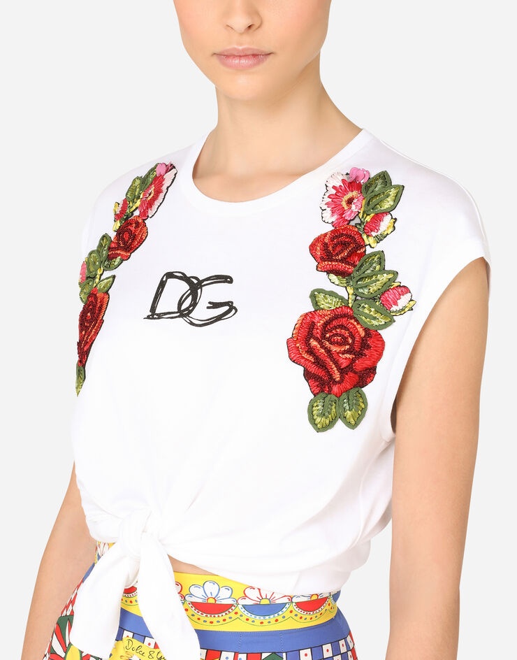 Jersey T-shirt with tie hem and raffia embroidery - 5