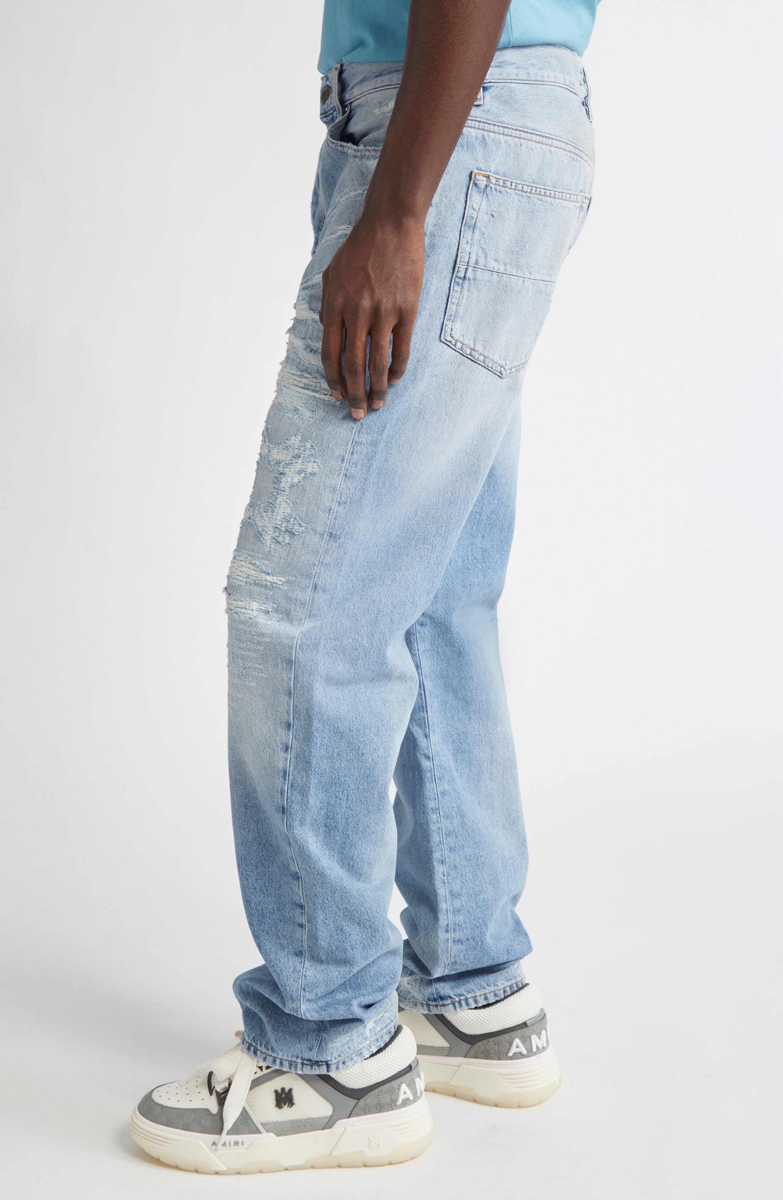 AMIRI MA Quad Rip & Repair Straight Leg Jeans in Surf Indigo at Nordstrom - 4