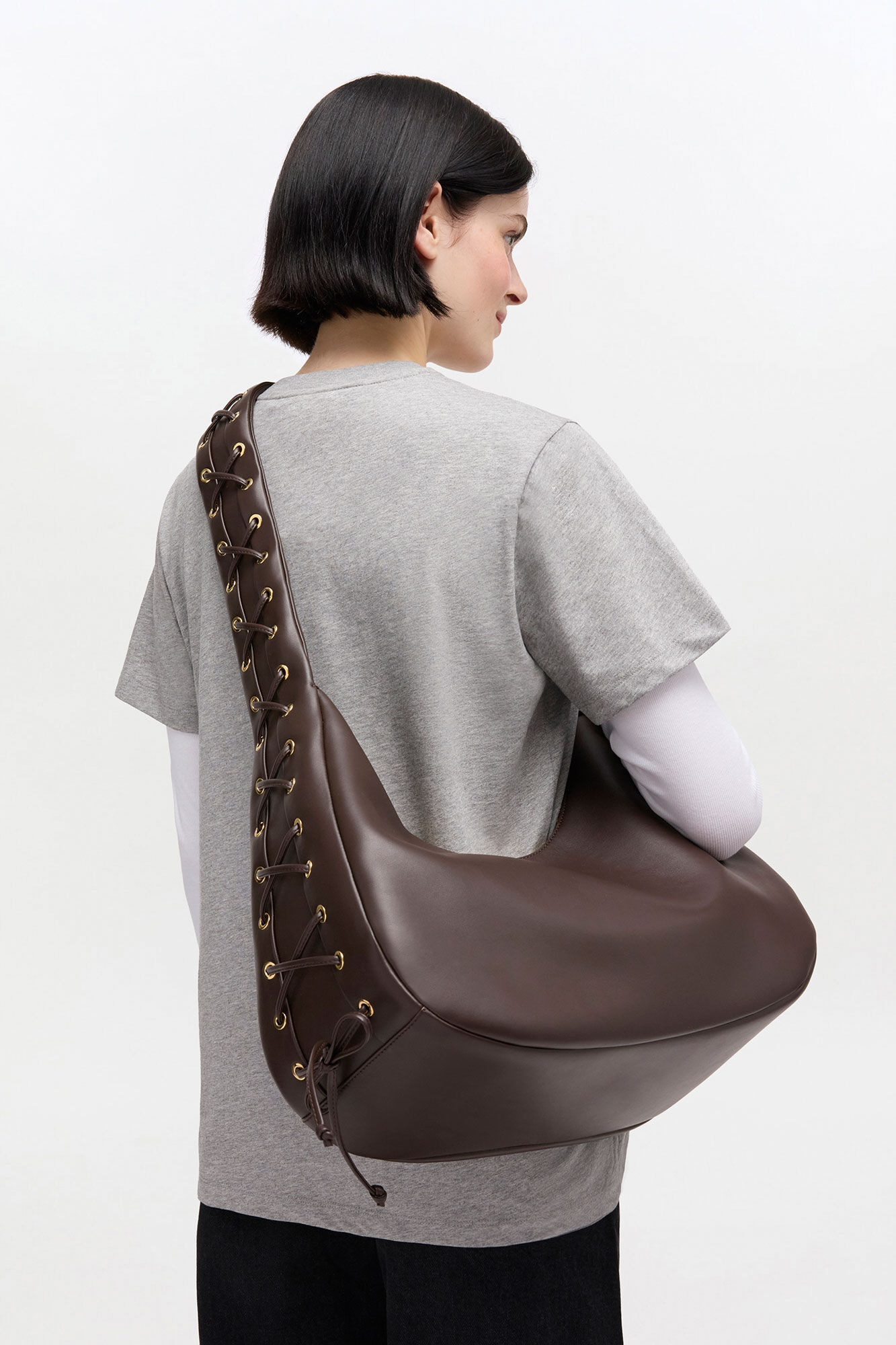 BROWN MEDIUM LACES HOBO BAG - 5