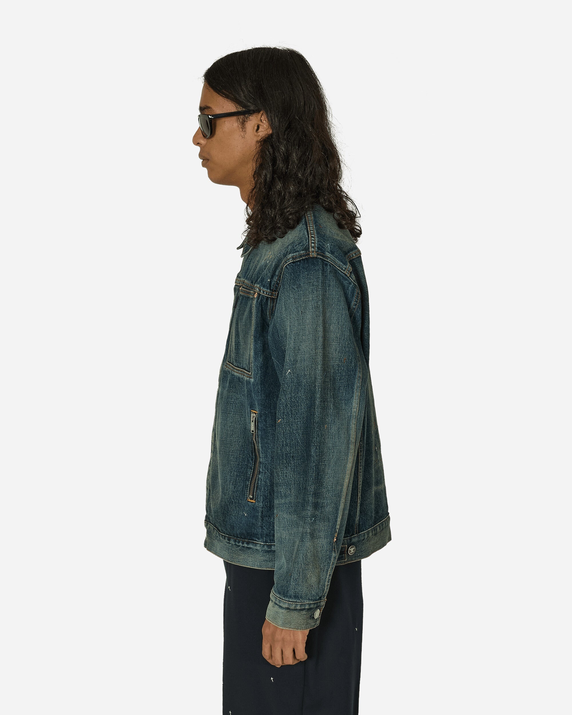 Cross Embroidery Distressed Denim Jacket Light Blue Indigo - 2