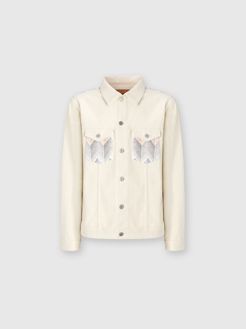 Denim jacket with chevron knit inserts 1
