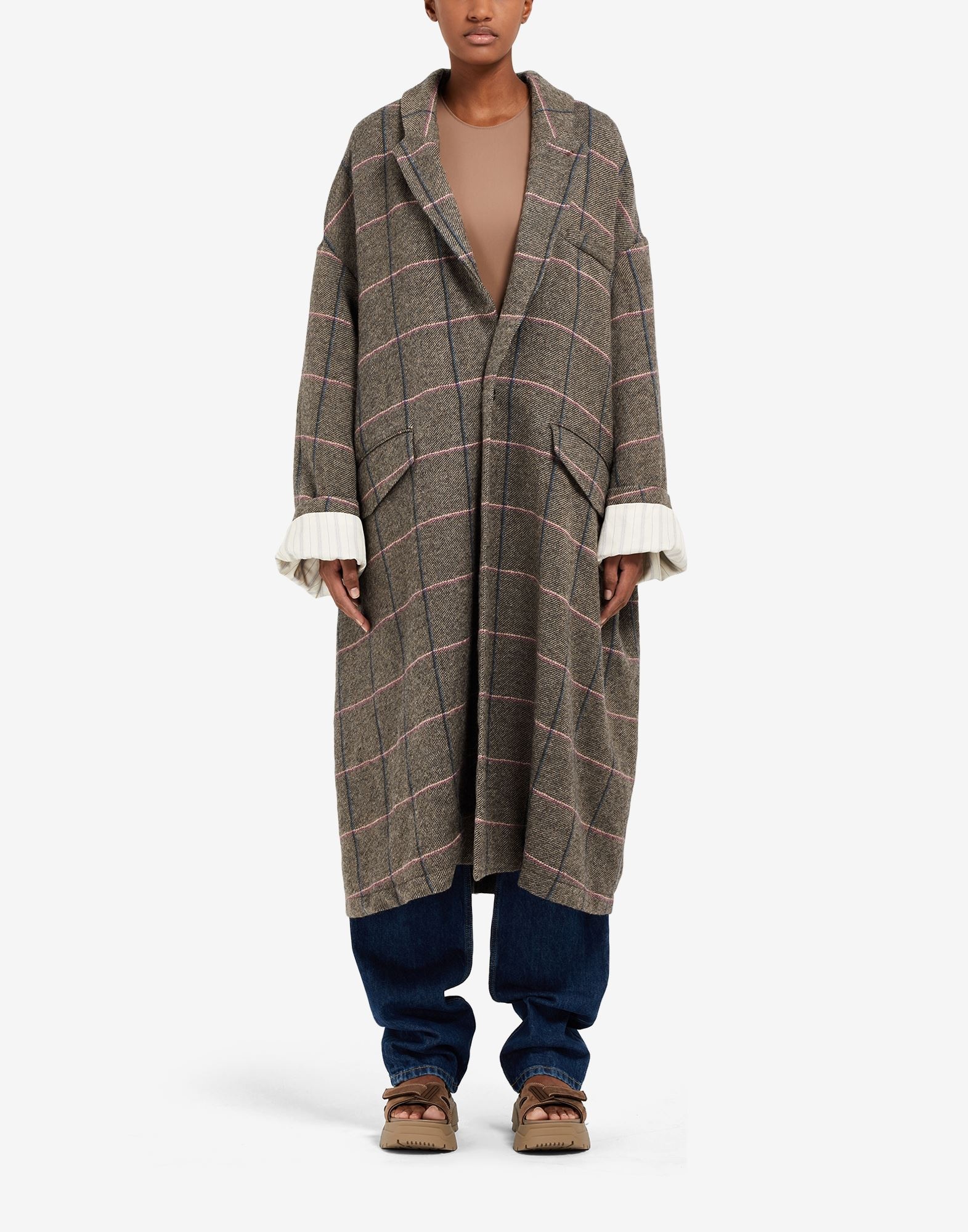 Check print wool long windowpane coat - 2