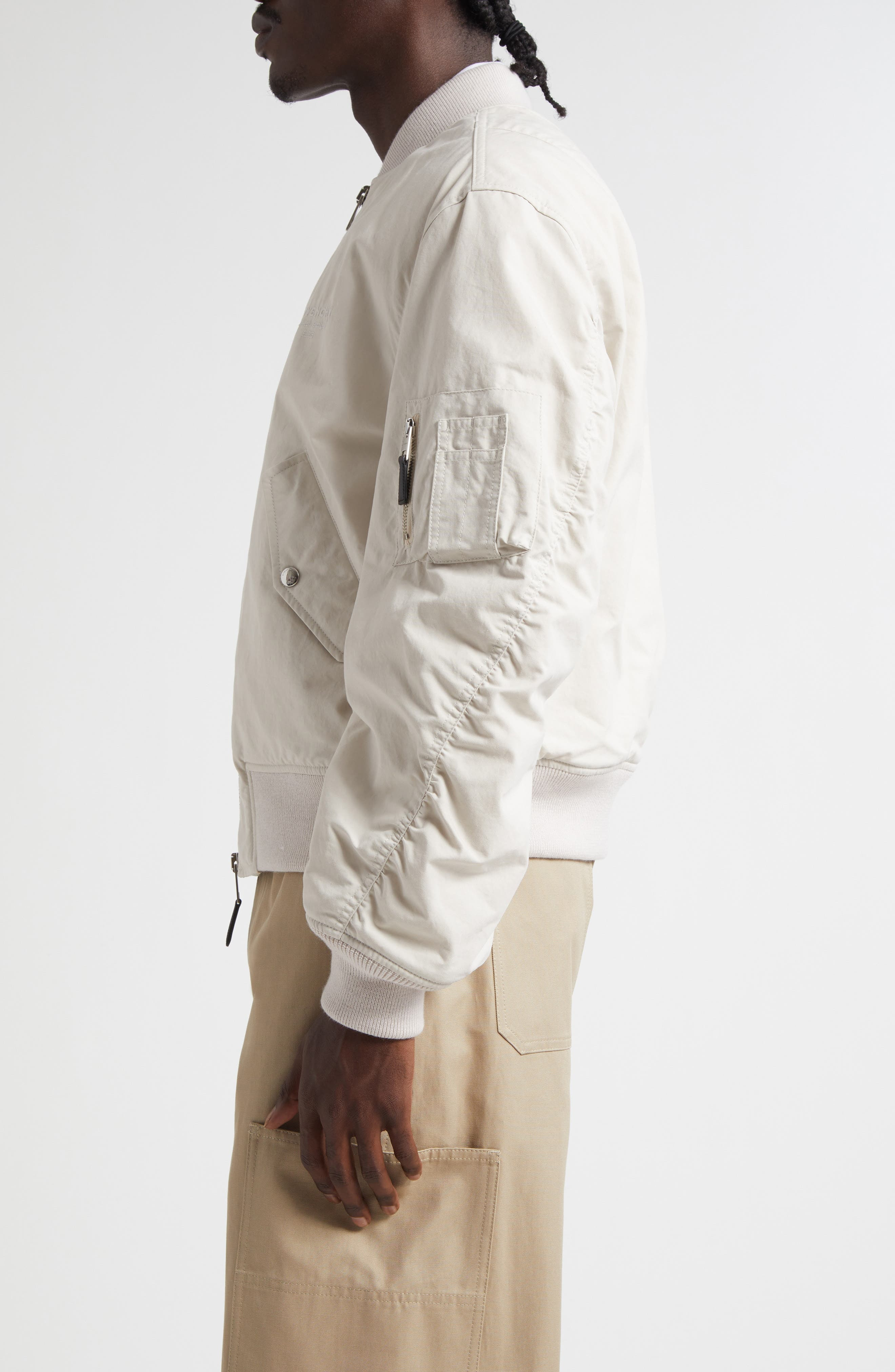 Givenchy Twisted Sleeve Cotton Blend Flight Jacket in Light Beige at Nordstrom - 4