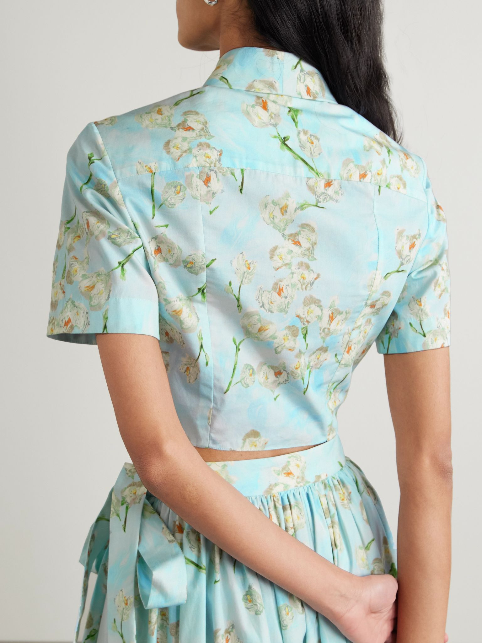 Natalie cropped floral-print cotton-poplin shirt Blue - 3