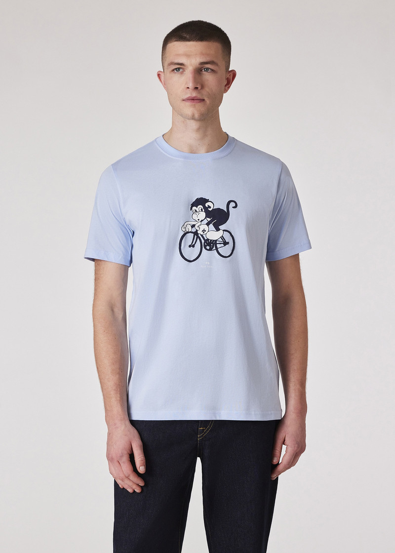 Powder Blue Cotton 'Cycling Monkey' Print T-Shirt 3