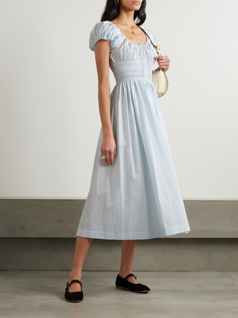 DÔEN Quinn tie-detailed shirred organic cotton-poplin midi dress Blue outlook