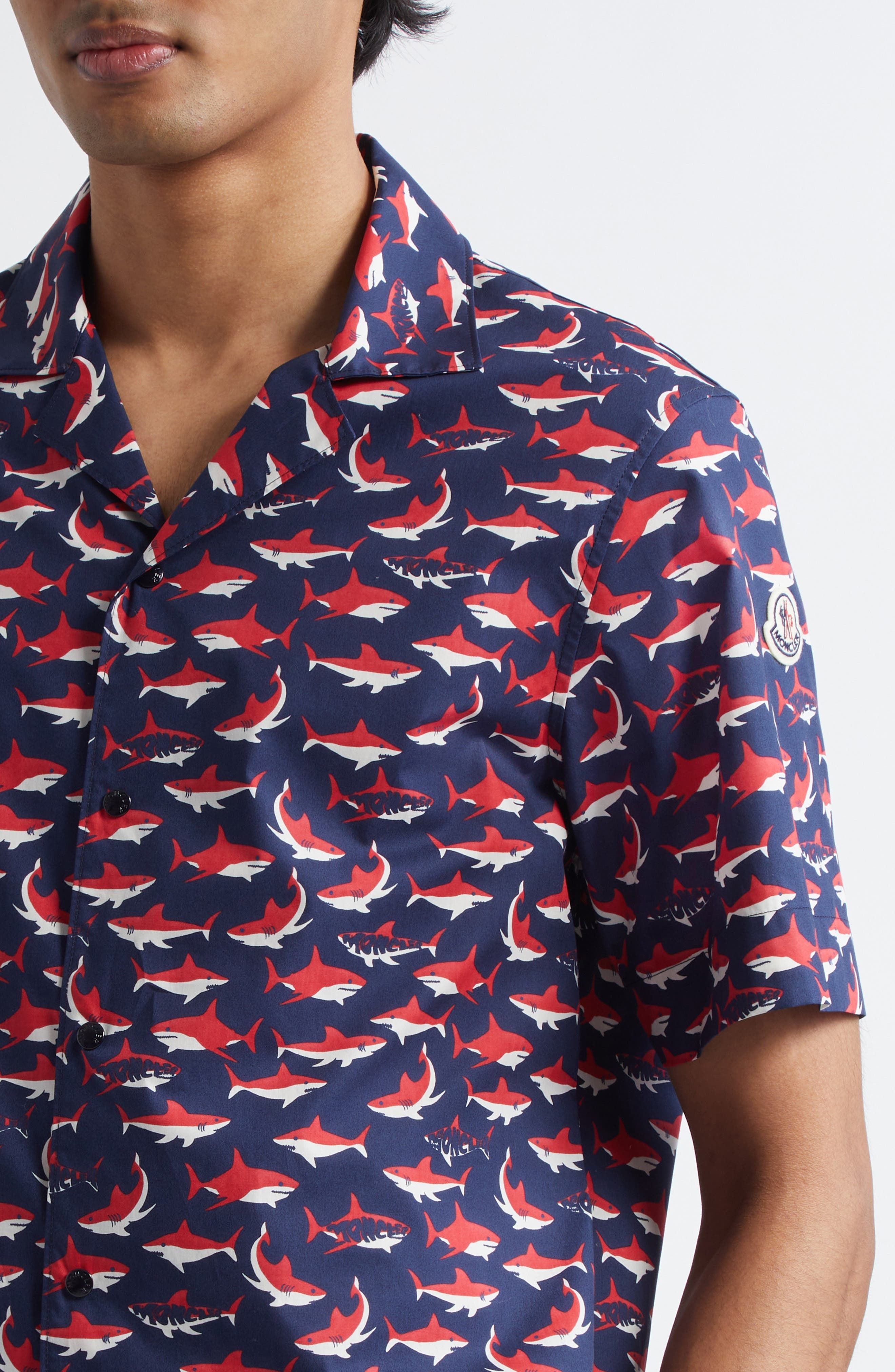 Moncler Logo Shark Cotton Camp Shirt in Blue at Nordstrom - 4