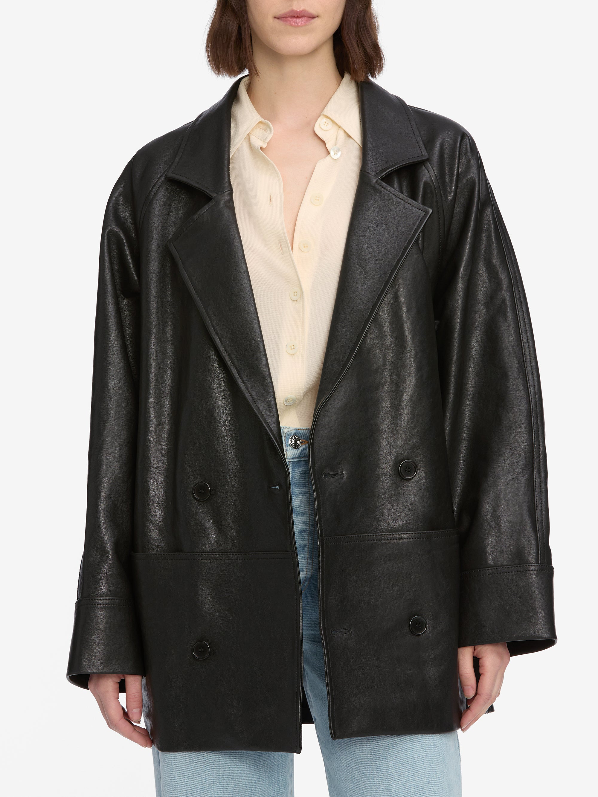 Oversized Leather Jacket in Black - 3