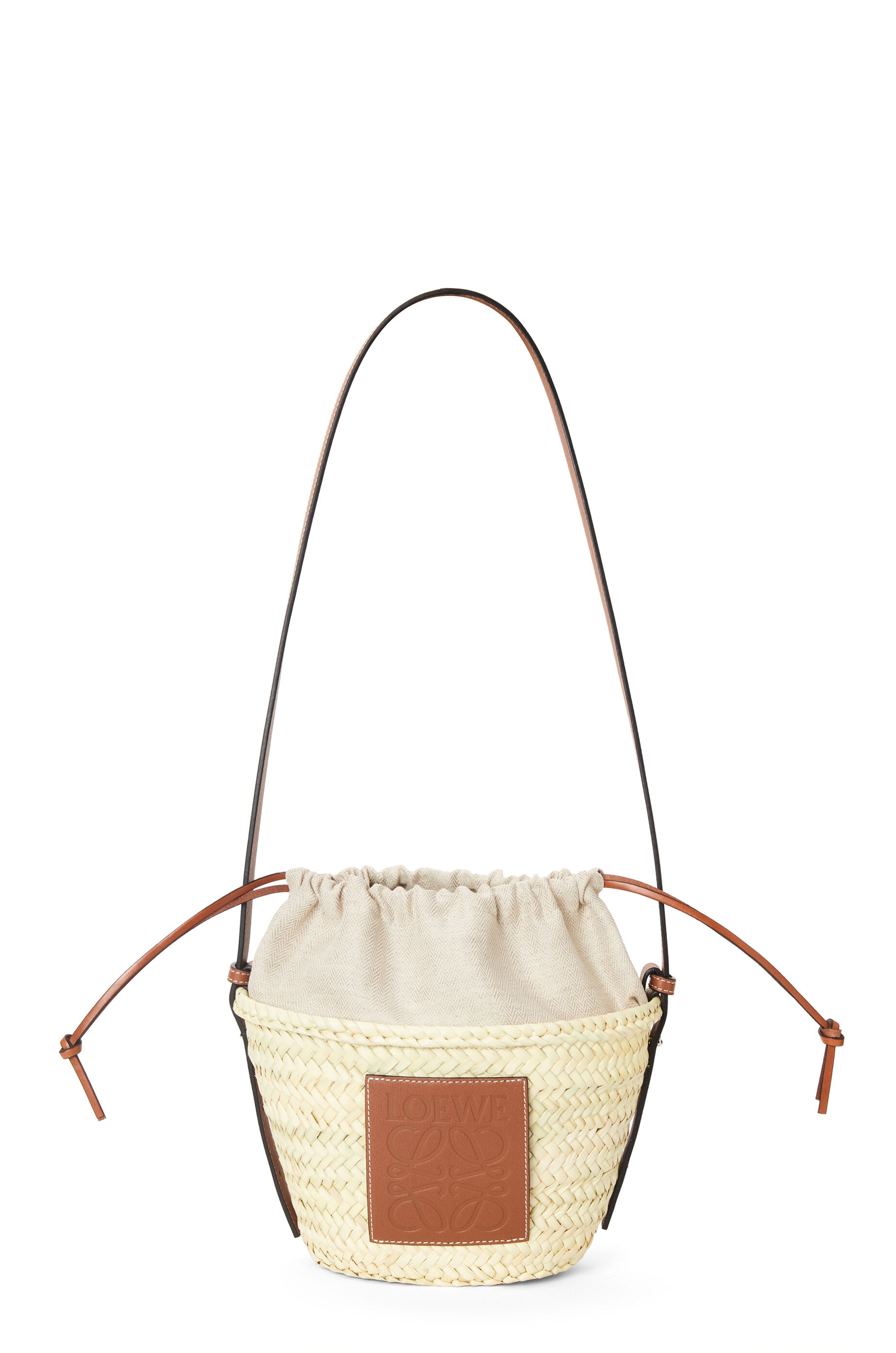 国内配送【LOEWE】Drawstring bucket bag in palm leafバケット Drawstring bucket in palm leaf and calfskin Beige - LOEWE