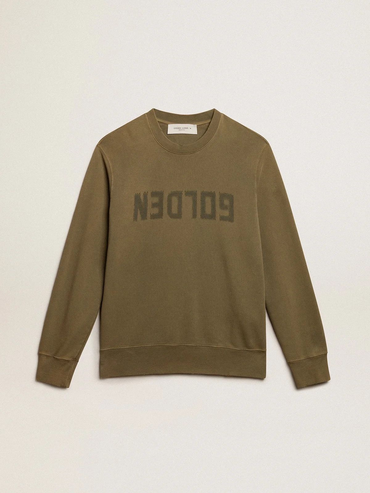 Olive-green Golden Collection sweatshirt with a distressed treatment and Golden lettering on the fro - 1