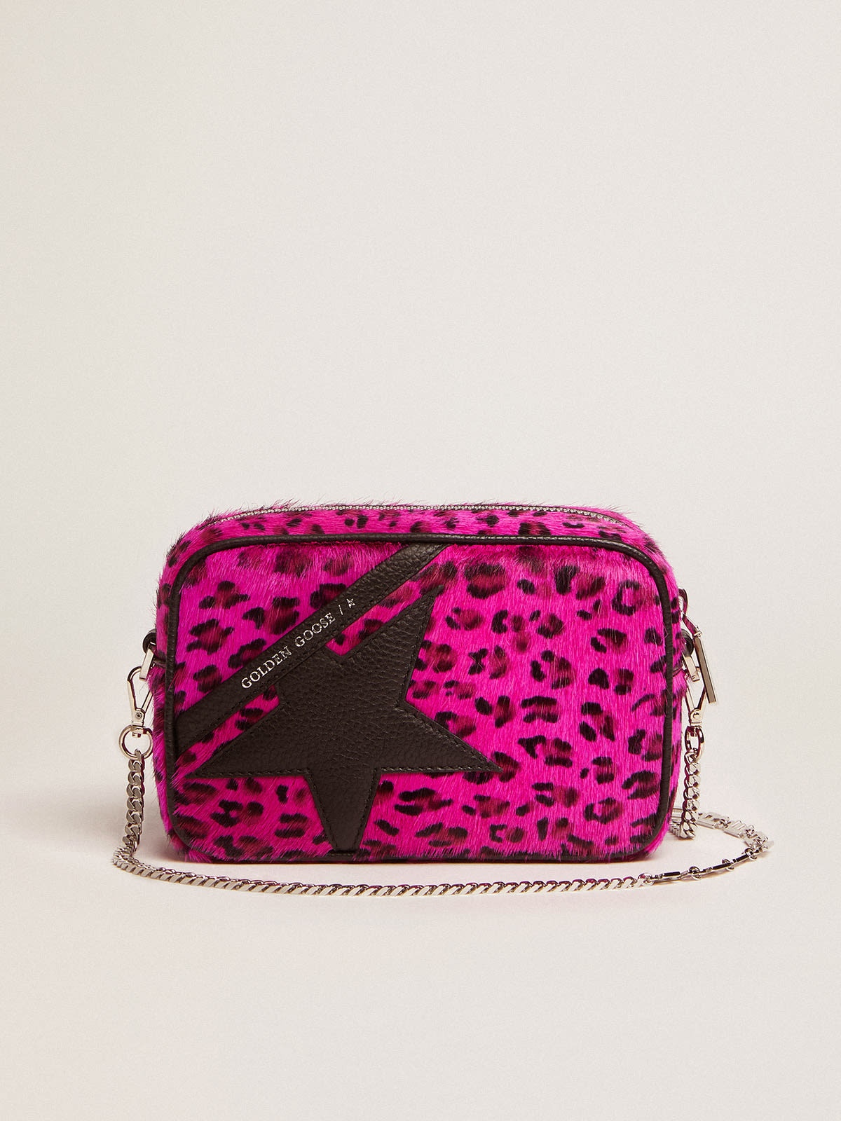 Mini Star Bag in fuchsia leopard-print pony skin with black leather star - 1