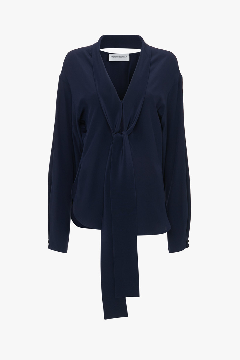 V-Neck Scarf Blouse In Ink Blue - 1