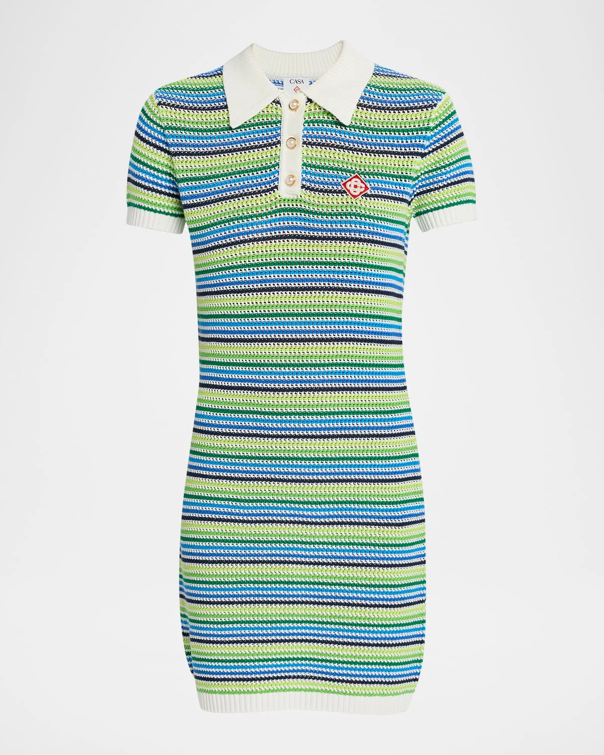 Striped Crochet Short-Sleeve Mini Polo Dress - 1