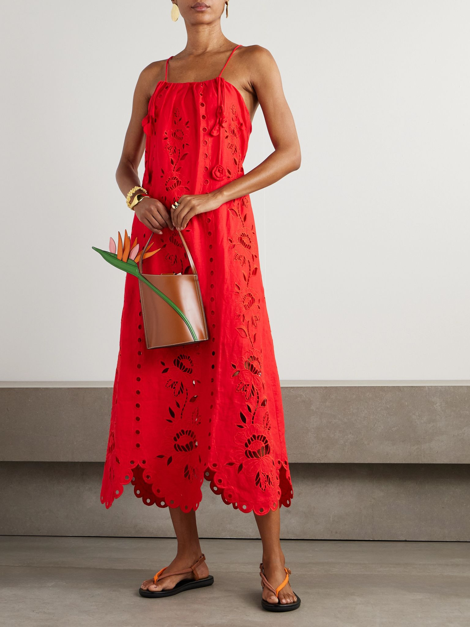 Embellished broderie anglaise linen-blend midi dress Red - 2