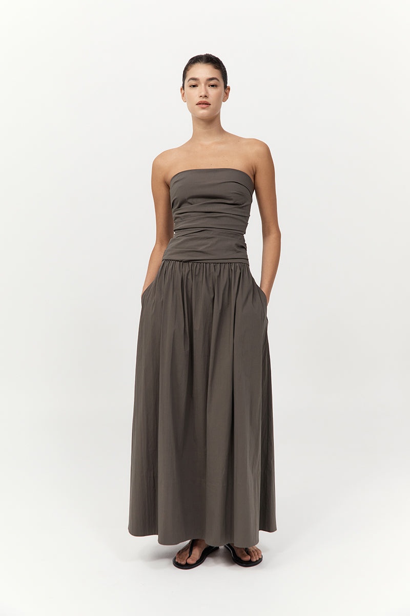 Gathered Strapless Tie Back Dress - Khaki - 5