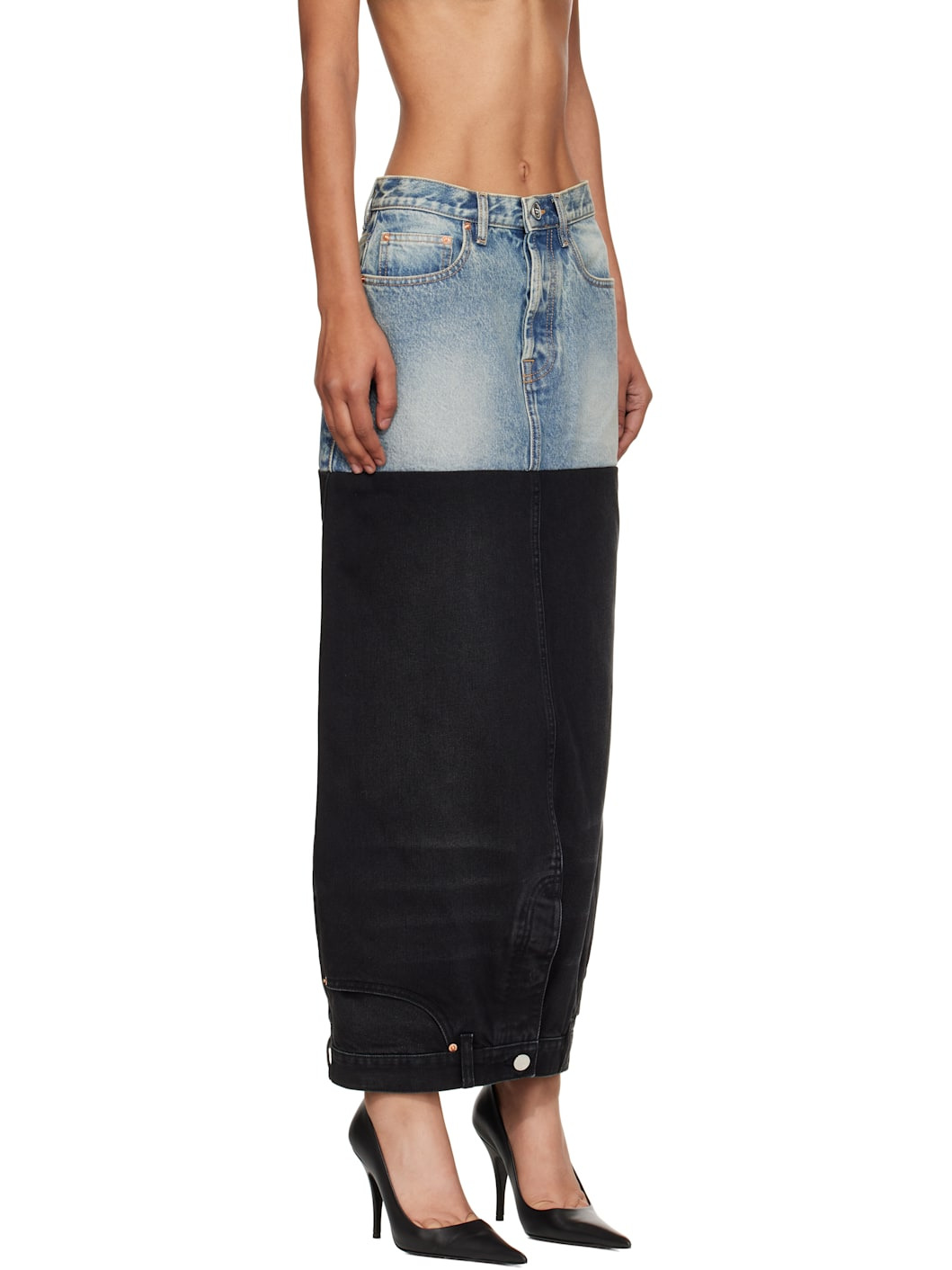 Blue & Black Double Denim Maxi Skirt - 2