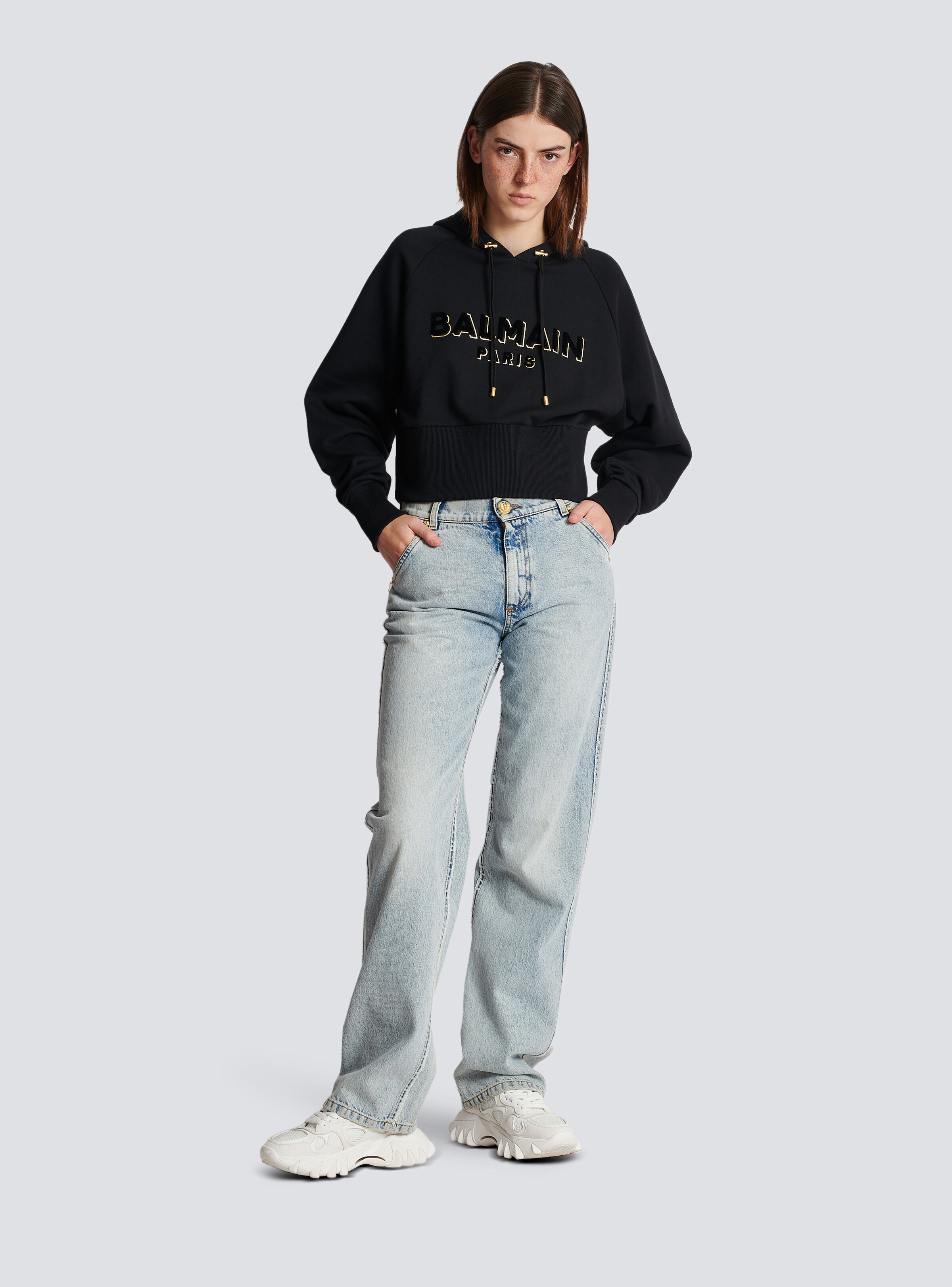 Cropped cotton sweatshirt with flocked metallic Balmain logo - 2