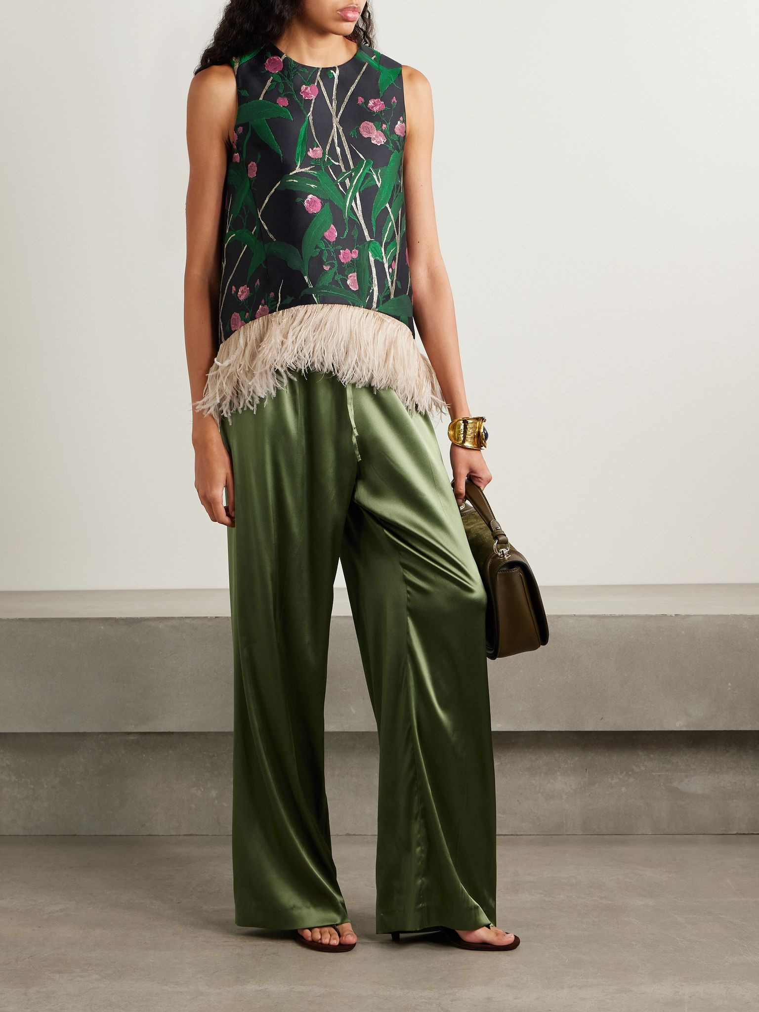 Icon La Scala feather-trimmed floral-jacquard top Green - 2