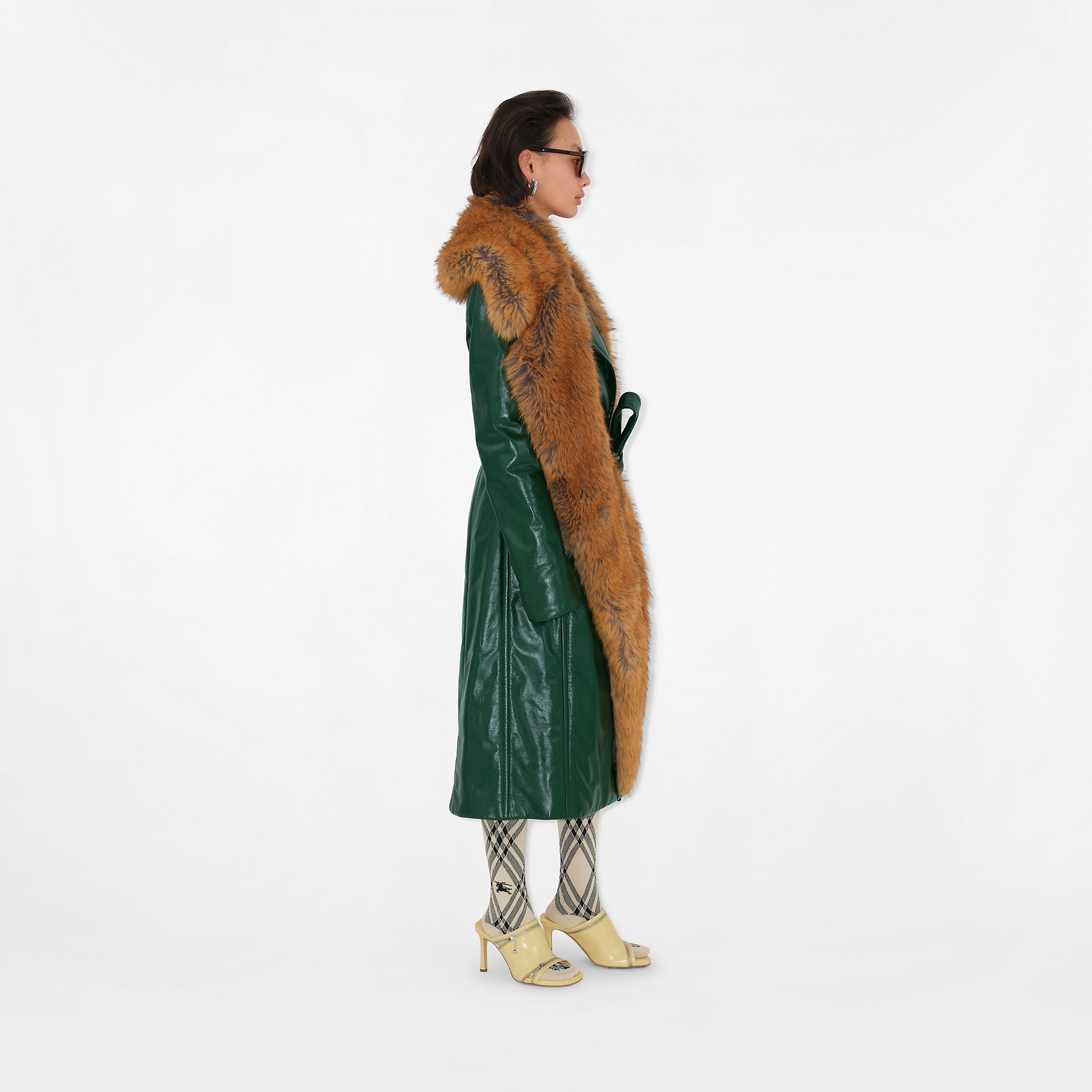 Faux Fur Collar Leather Coat - 4