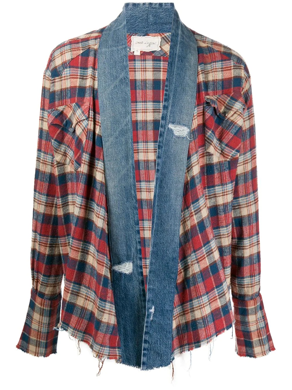 checked denim-trimmed shirt jacket - 1