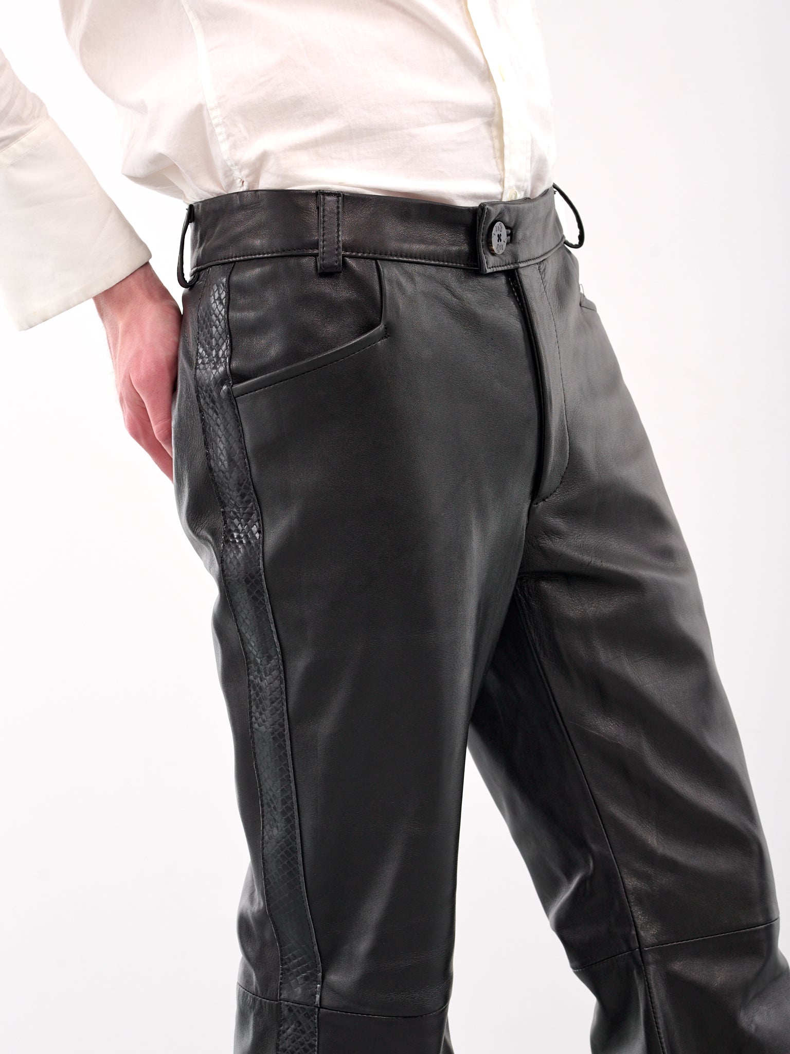 Snake Trim Leather Flare Trousers - 5