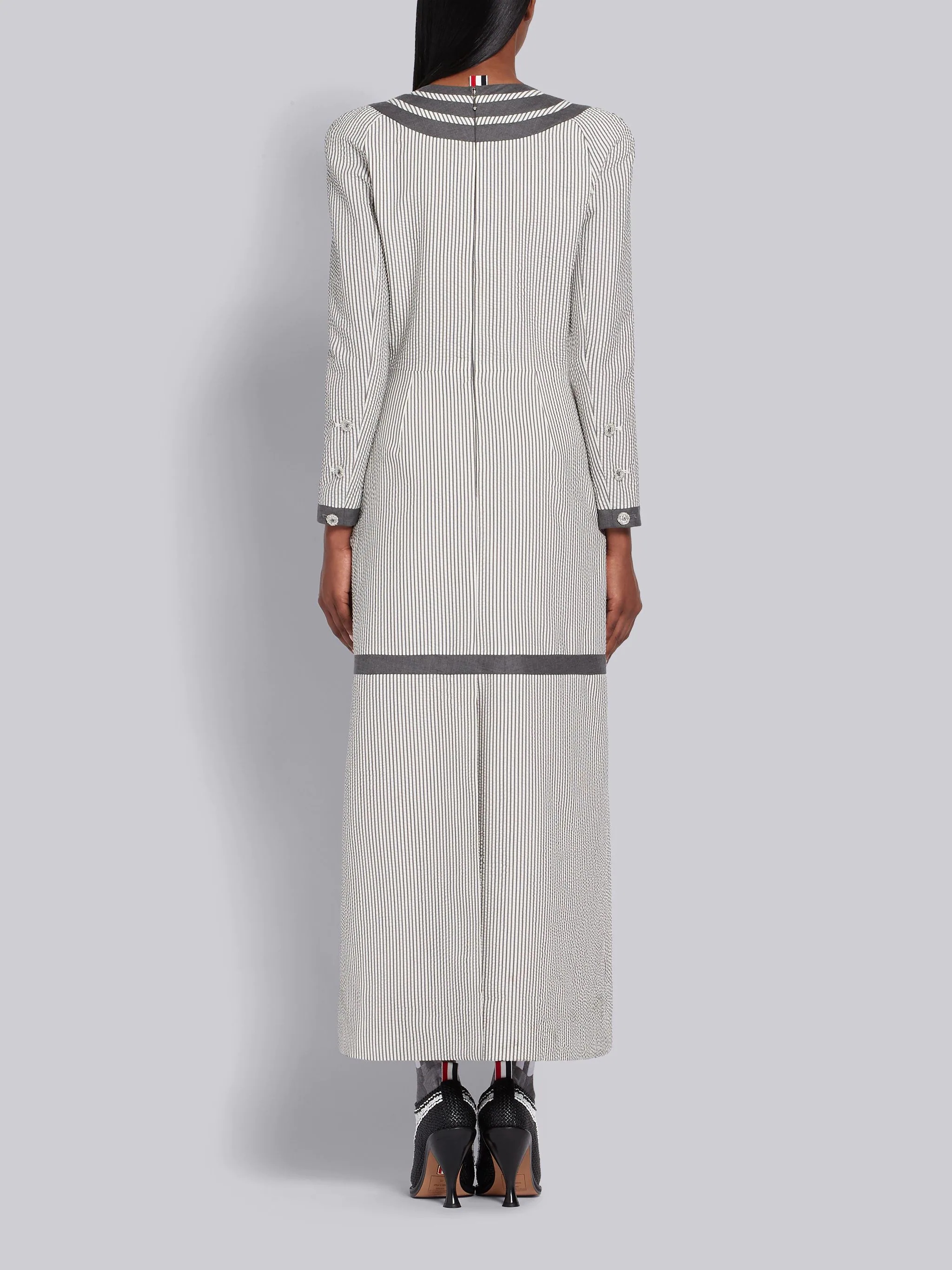 Medium Grey Wool Trompe L'oeil Seersucker Print Cardigan Dress - 3