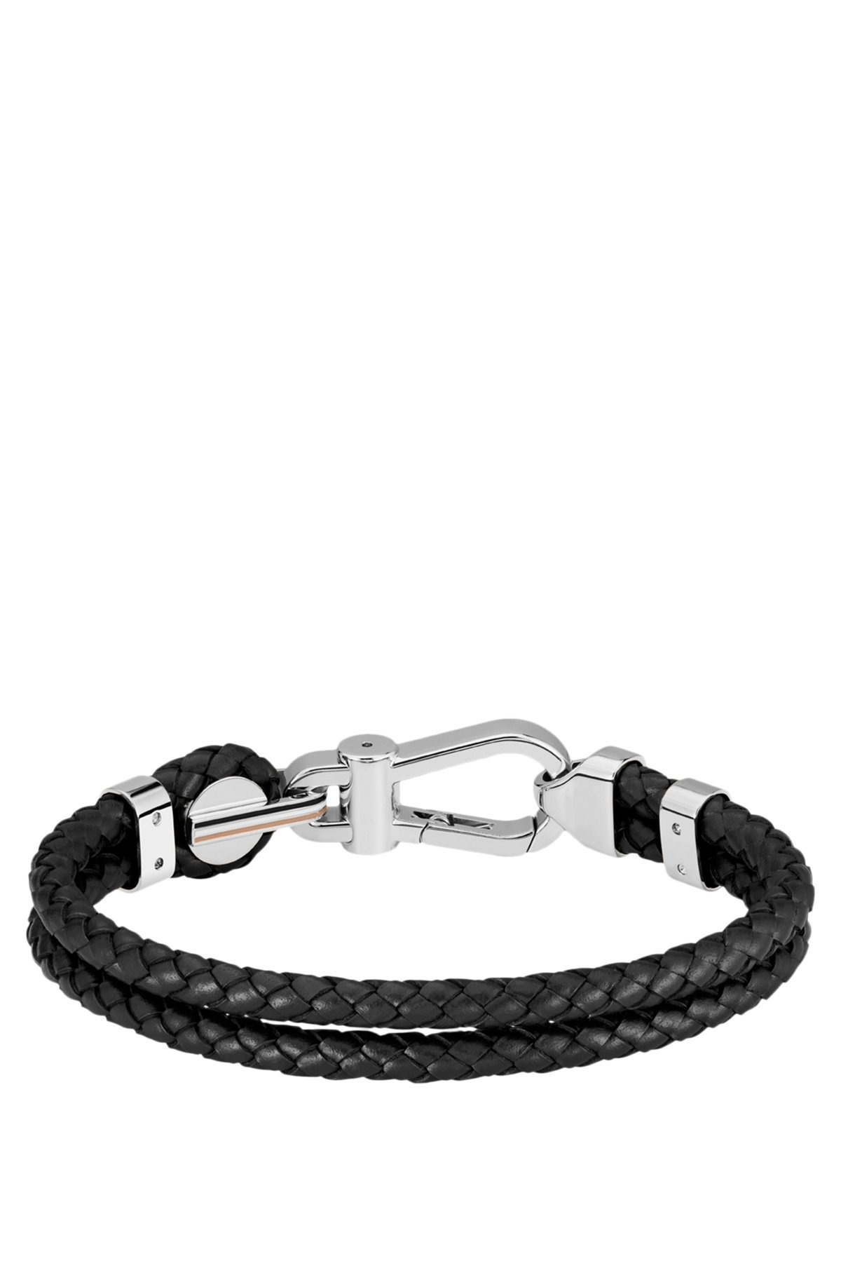 BLACK BRAIDED-LEATHER CUFF WITH SILVER-TONE CARABINER CLOSURE - 2