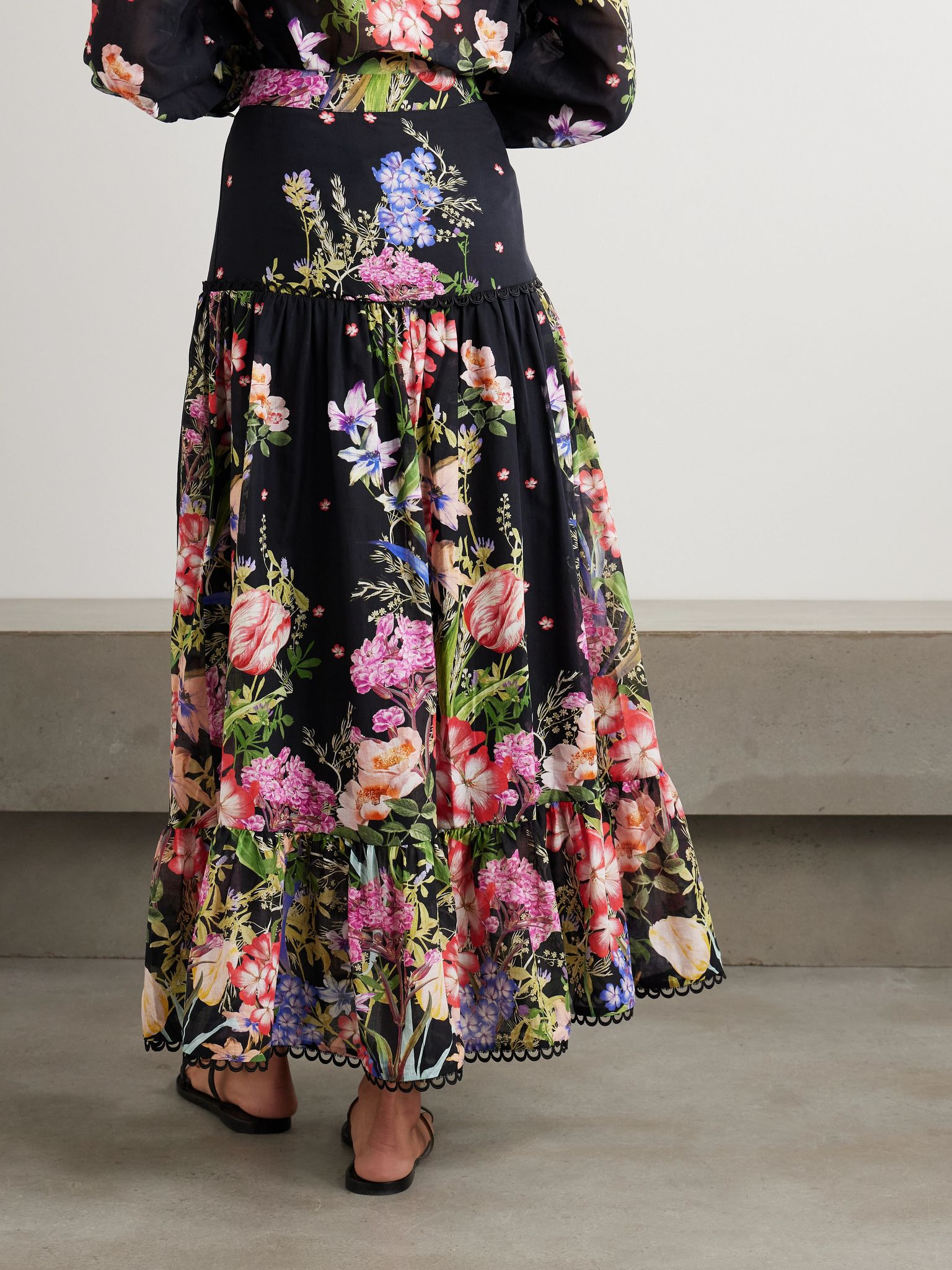 Ann tiered floral-print cotton-blend voile maxi skirt Black - 3