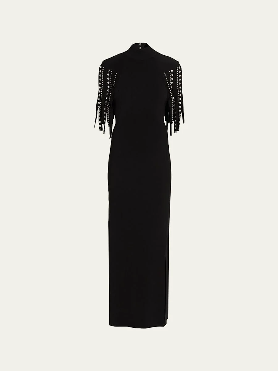 Mock-Neck Studded Fringe Capelet Maxi Dress - 1