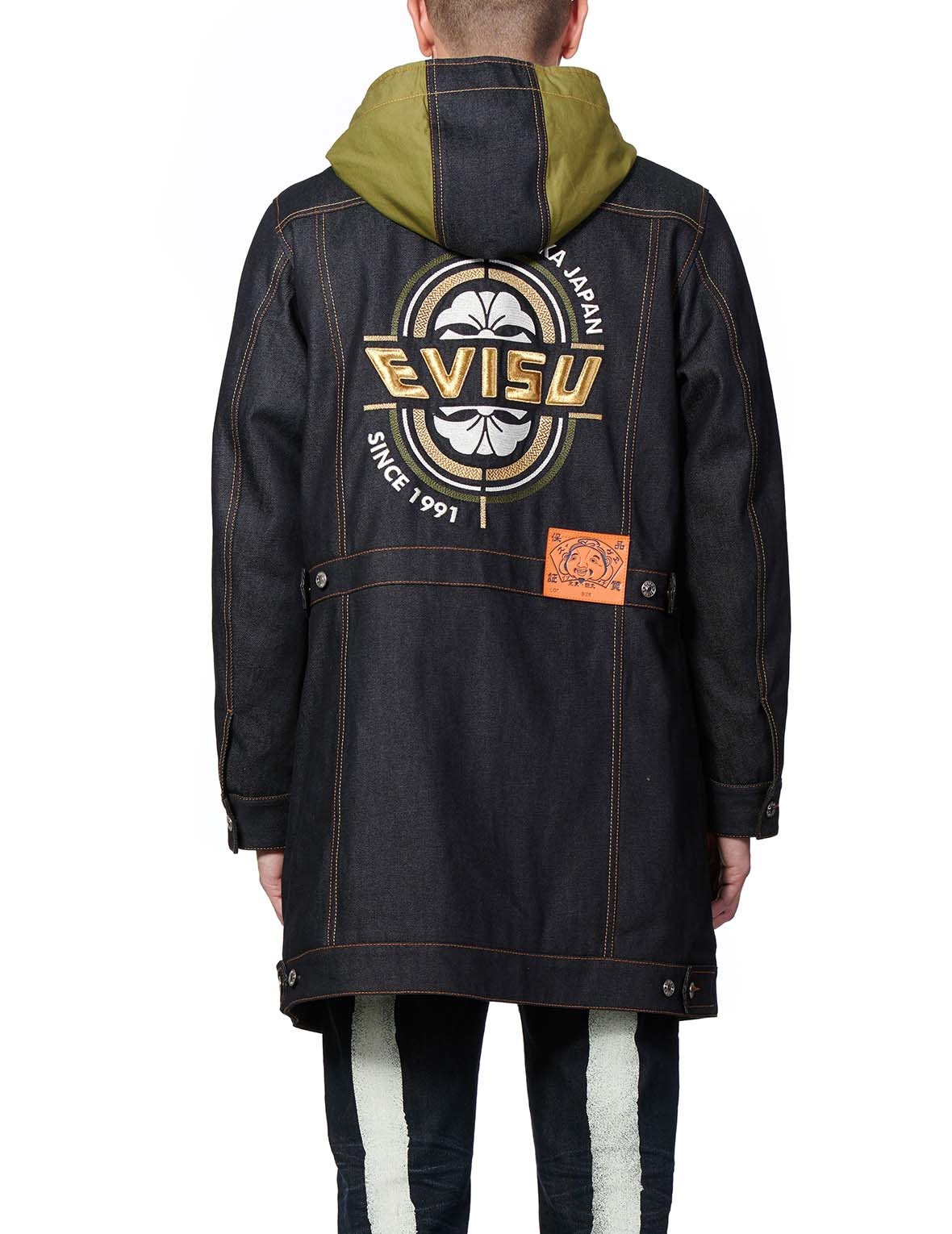 KAMON AND LOGO EMBROIDERED DENIM PADDED COAT - 4