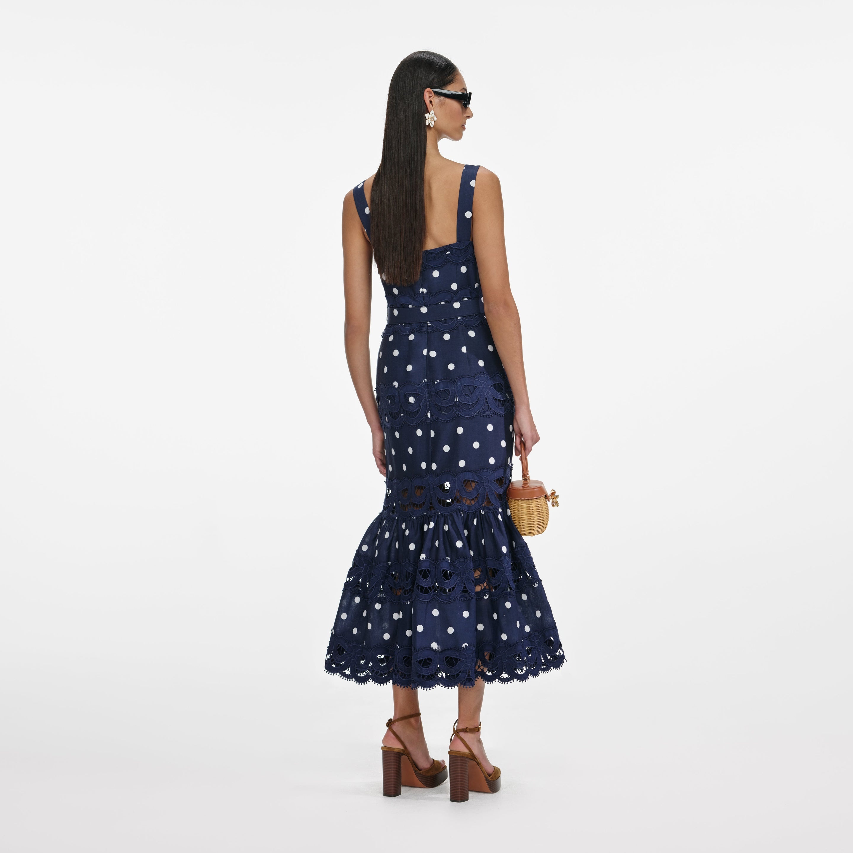 Navy Polka Dot Linen Midi Dress - 3