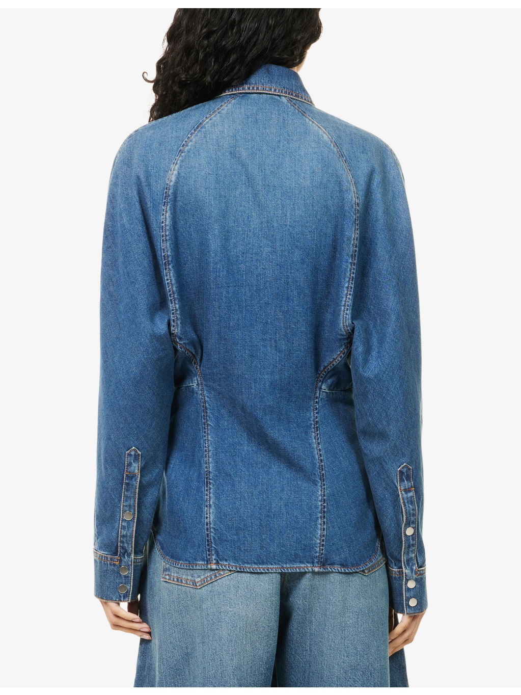 Pointed-Collar Curved Denim Shirt - 4