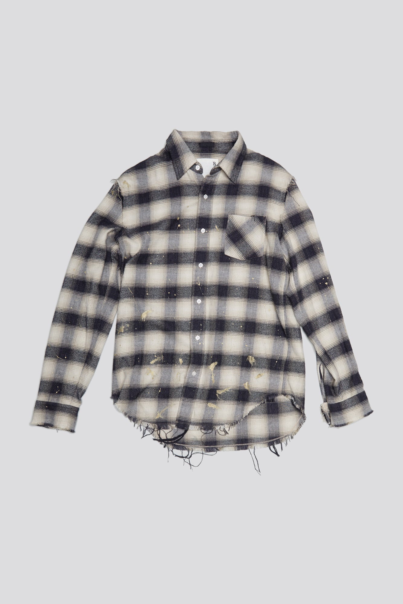 SHREDDED SEAM SHIRT - GOLD SPLATTERED BLACK PLAID - 1