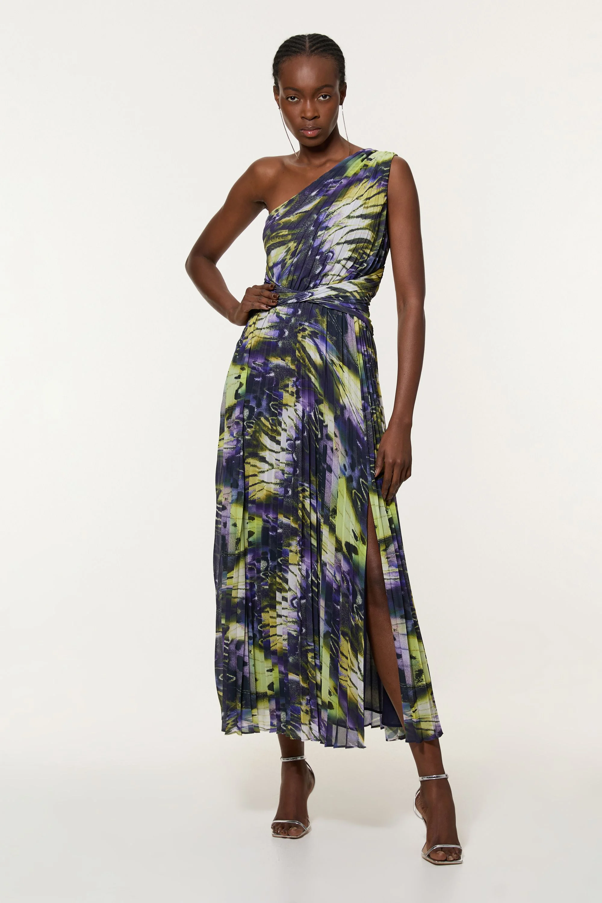 Tall Crinkle Feather Print Woven One Shoulder Midaxi Dress - 1