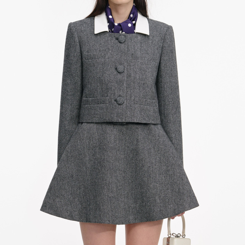Grey Herringbone Scarf Detail Jacket 5
