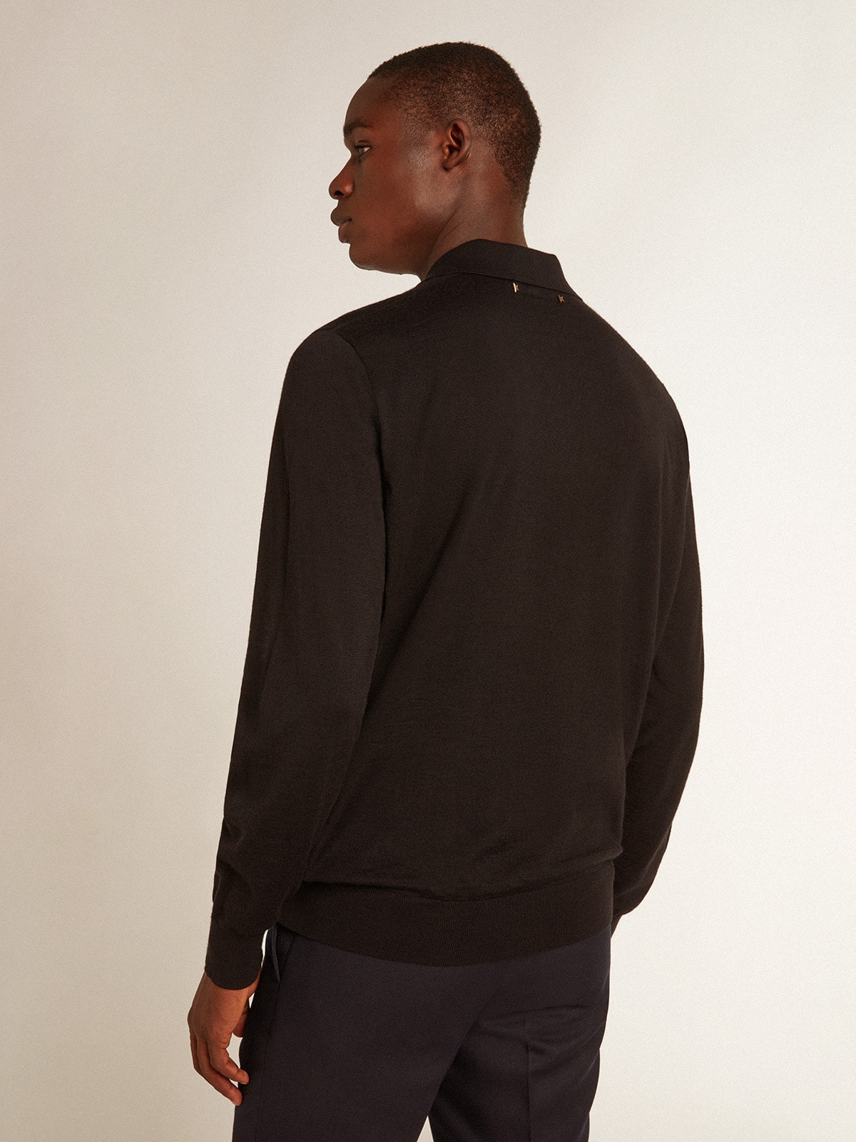 Men’s long-sleeved polo shirt in black merino wool - 4