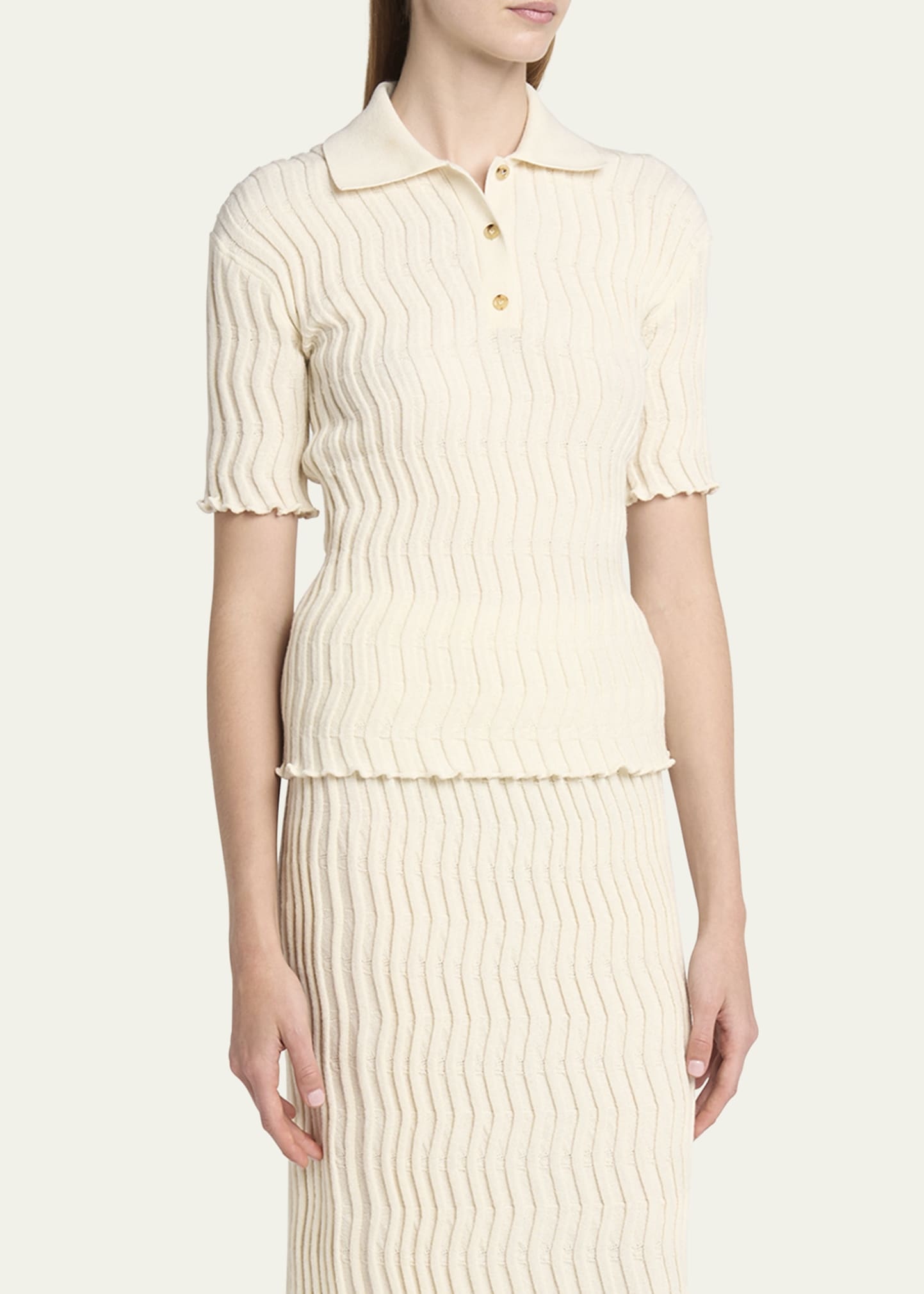 Zigzag Knit Short-Sleeve Polo Top - 4