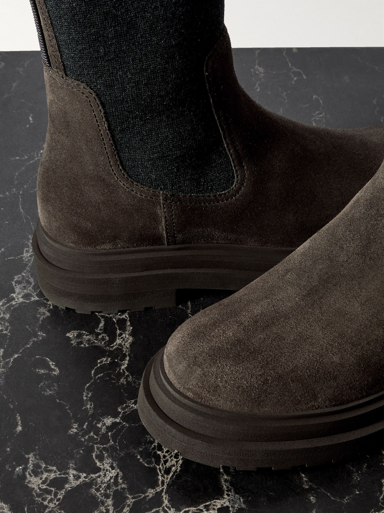Bead-embellished knit-trimmed suede Chelsea boots Chocolate - 4