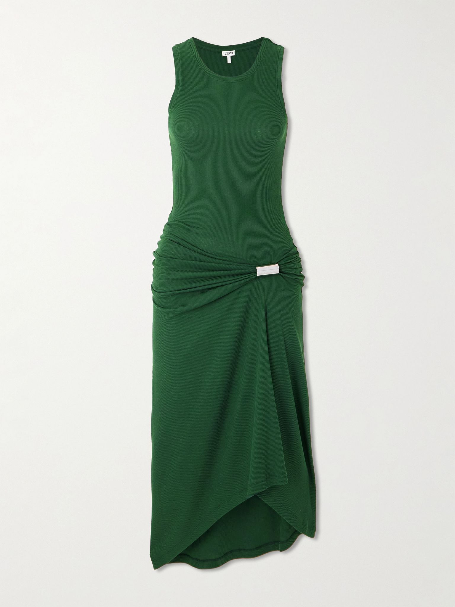 Asymmetric ruched ribbed stretch-cotton jersey dress Green - 1
