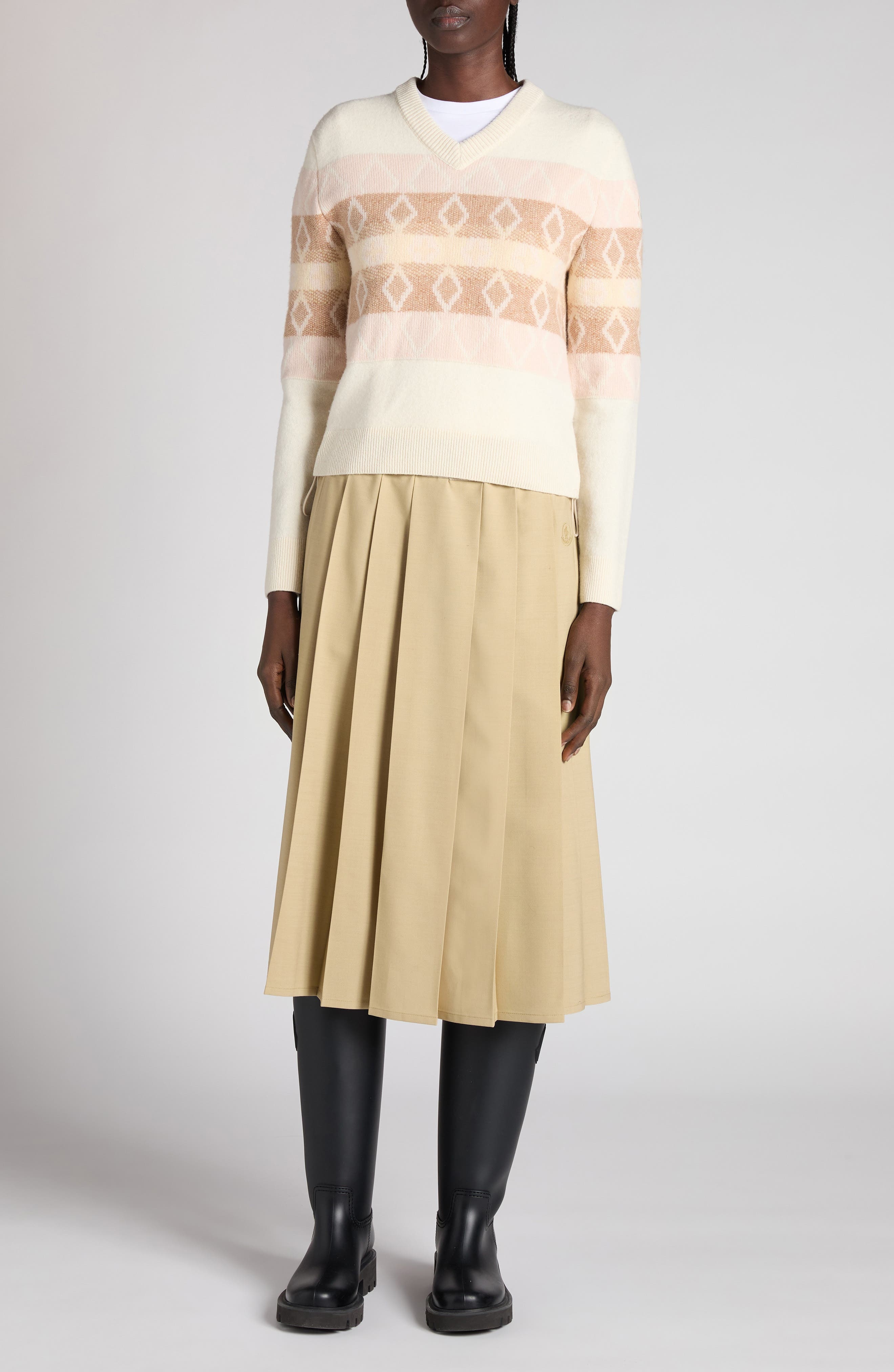Moncler Jacquard Virgin Wool V-Neck Sweater in Silk White at Nordstrom - 2