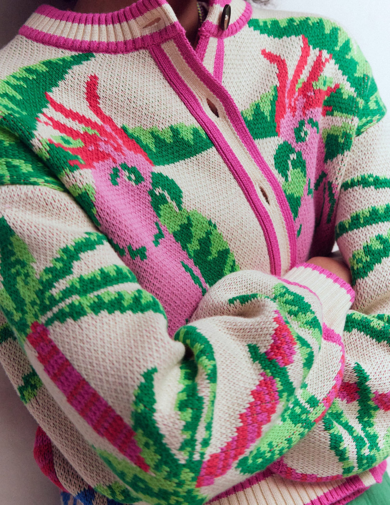 Abi Jacquard Cardigan-Warm Ivory, Palm Tree Birds 5
