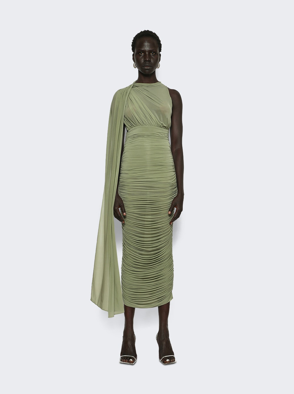 Sheer Draped Midi Dress Green - 2