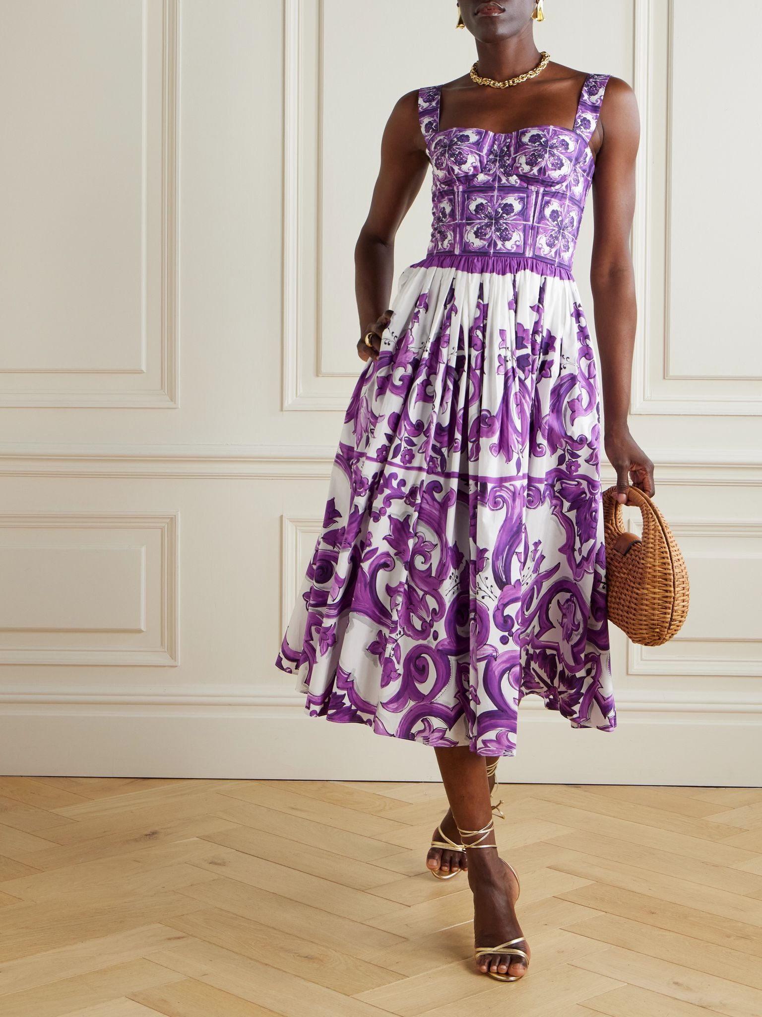 Pleated printed cotton-poplin midi dress Purple - 2