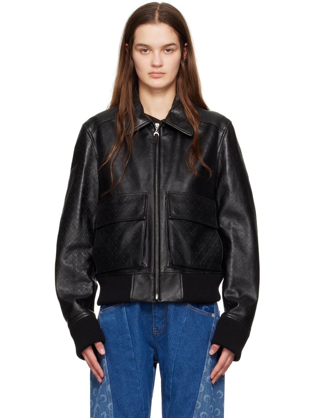 Black Embossed Leather Jacket - 1