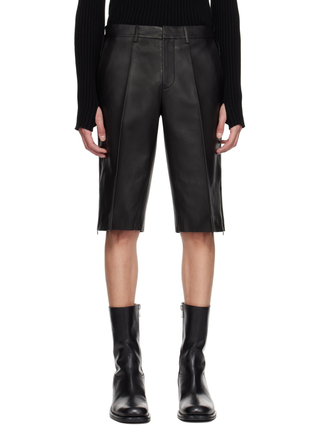 Black Creased Leather Shorts - 1