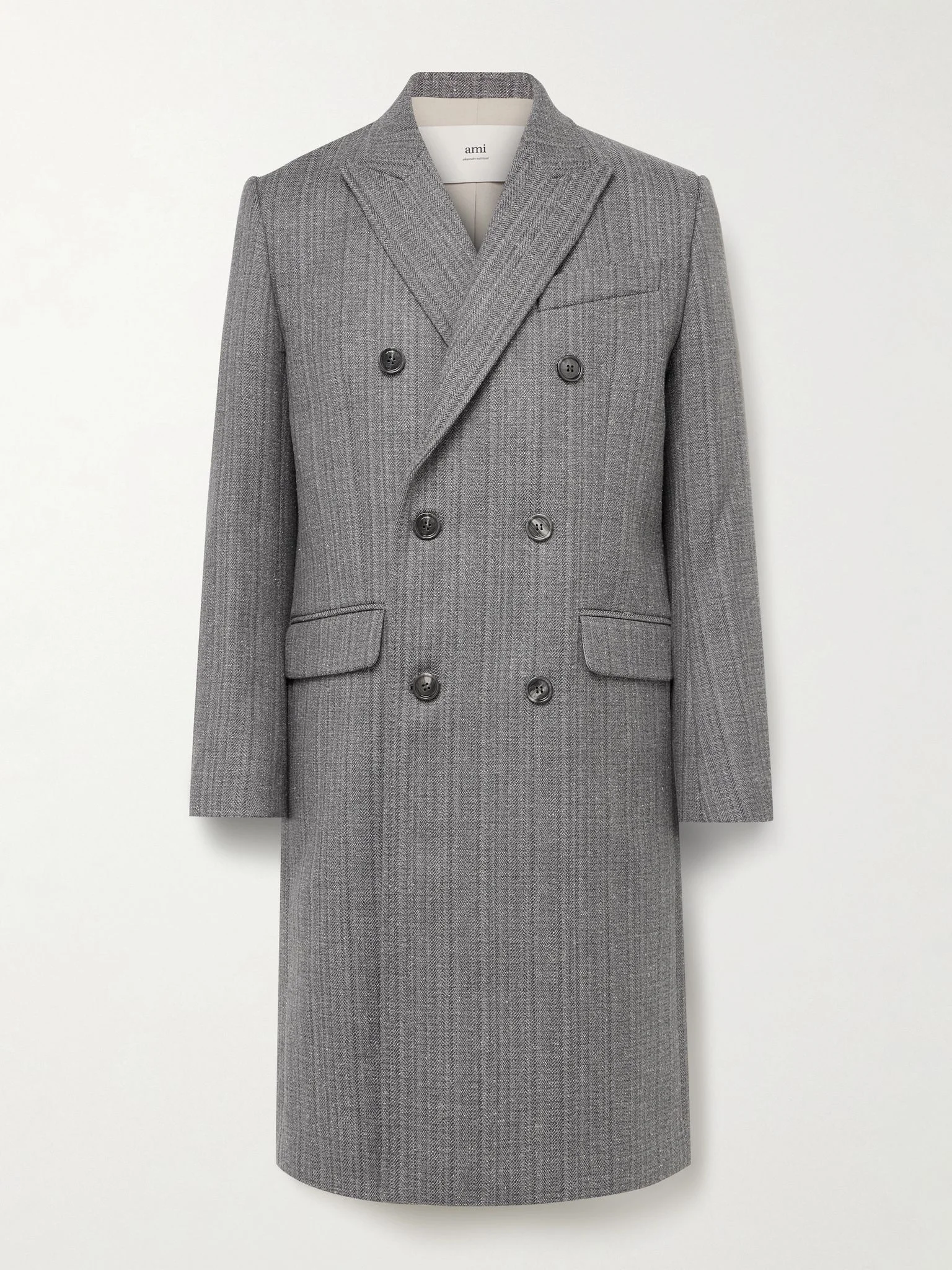Double-Breasted Herringbone Virgin Wool-Blend Coat Beige - 1
