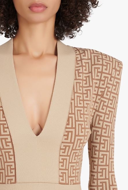 Short brown and gold knit dress with Balmain monogram - 6