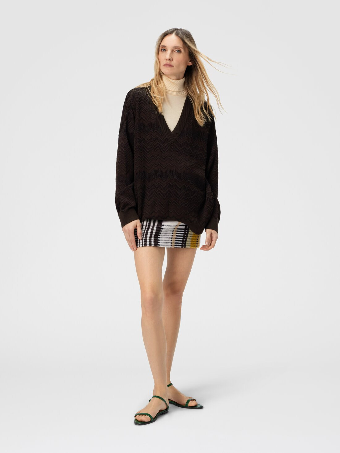 Oversized V-Neck Sweater in Chevron Pattern - 2